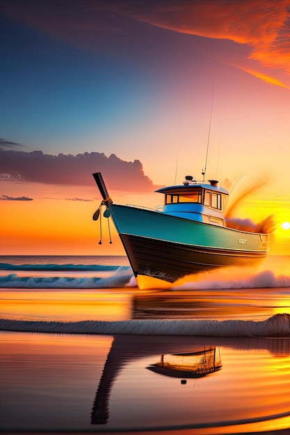 Silhouette fishing boat swaying in sea with sea wave foams wash up on fine sand beach tropical backg