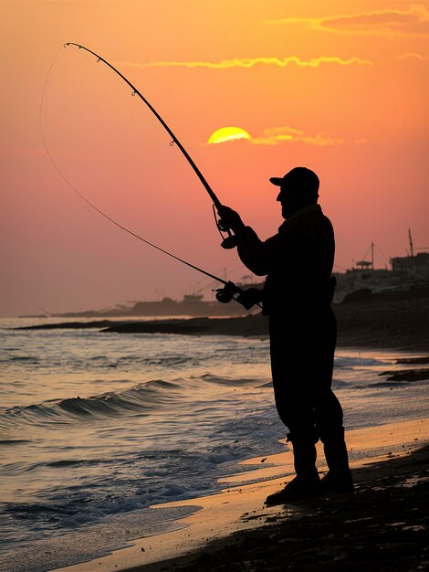 Silhouette of fishing man on coast of sunset sea