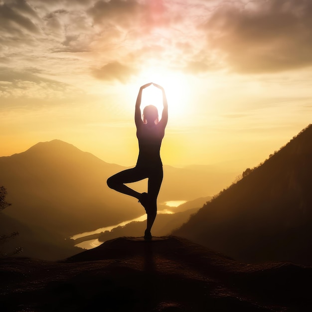 Silhouette fitness girl practicing yoga on mountain with