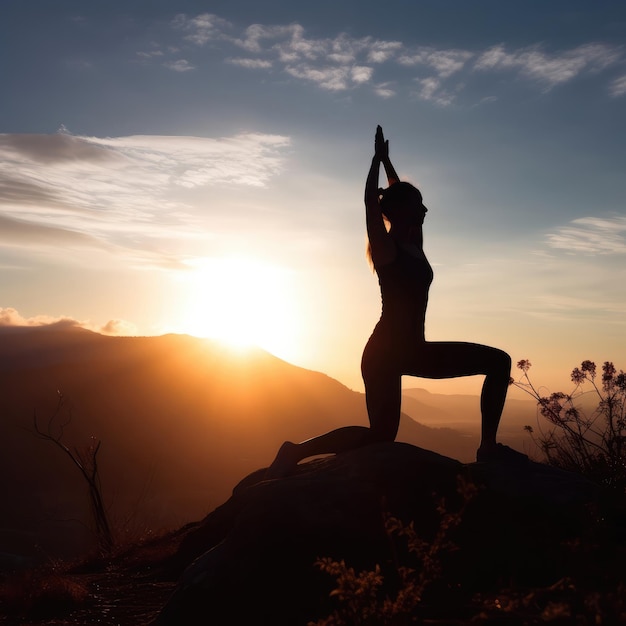 Silhouette fitness girl practicing yoga on mountain with