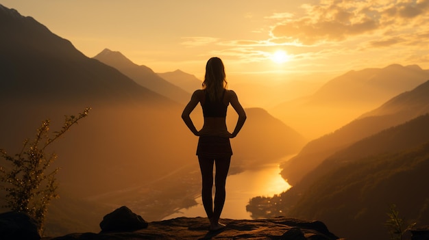 silhouette fitness girl practicing yoga on mountain