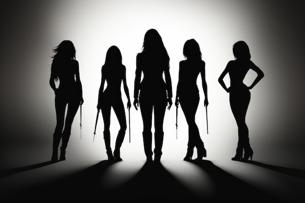 Foto silhouette di cinque donne alla moda sulla rampa