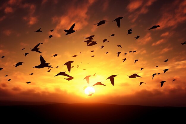 Silhouette of a flock of birds flying at sunset