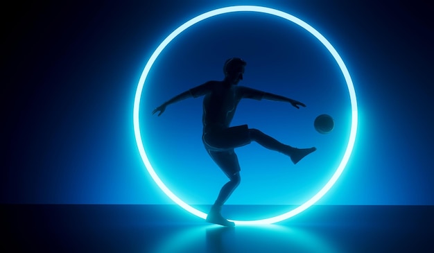 Silhouette of a football player kicking a ball with an abstract futuristic neon glow 3D Rendering