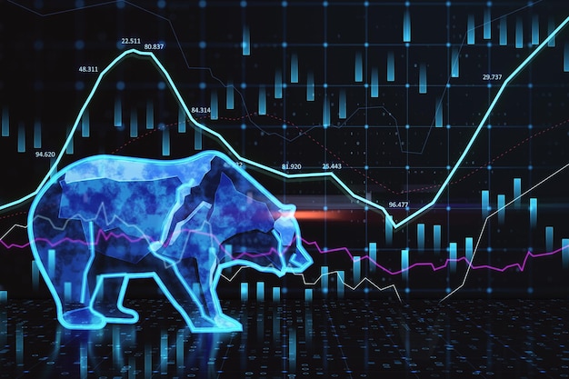 Silhouette form hologram of bear on financial stock market\
graph representing stock market crash or down trend investment on\
dark background 3d rendering