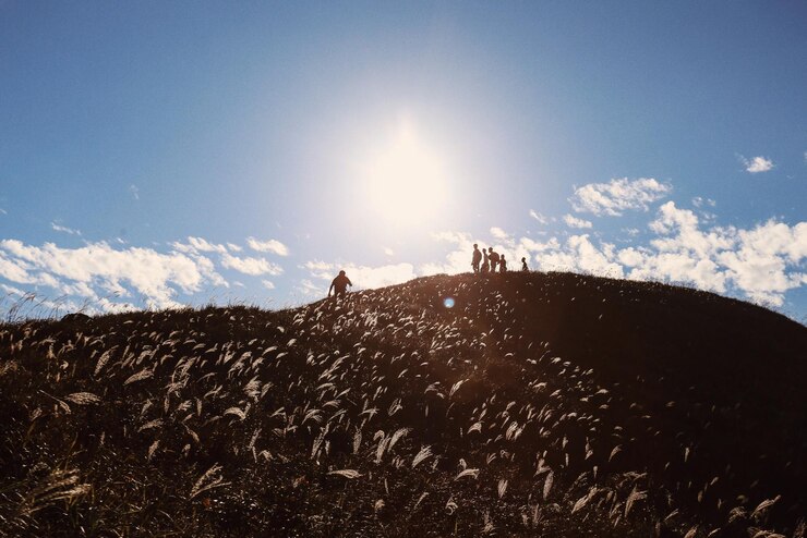 Photo silhouette friends standing on hill against sky during sunny day