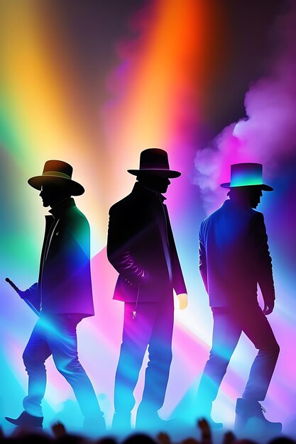 Silhouette of gang of droogs in front of colorful rainbow lights with smoke Abstract background
