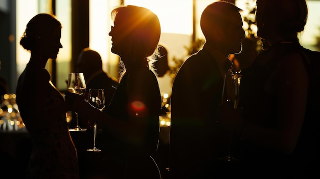 Silhouette gasten genieten van een elegante avond soiree bij zonsondergang