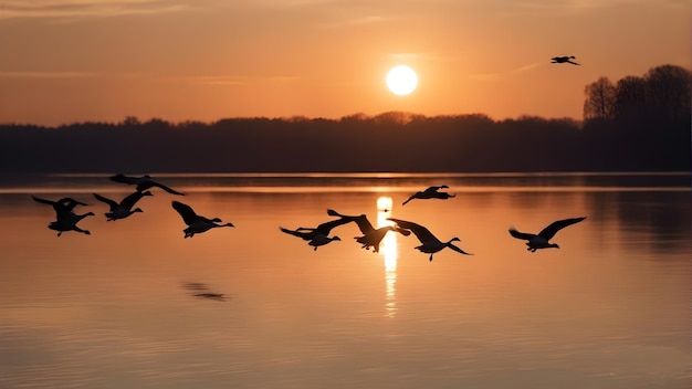 Silhouette of geese flying above water