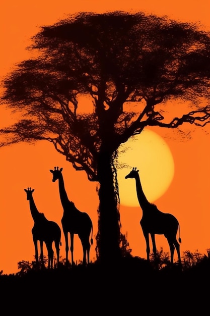 Silhouette of giraffes standing in front of a tree at sunset generative ai