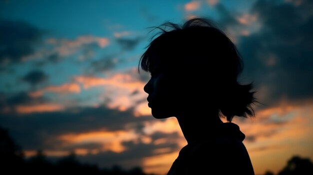 A silhouette of a girl against a sunset sky