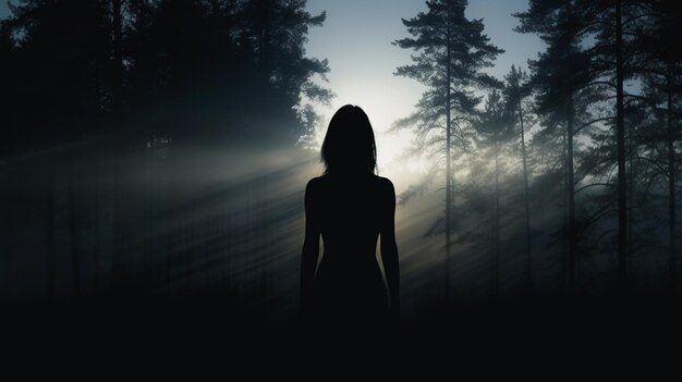 The silhouette of a girl on the background of a coniferous forest