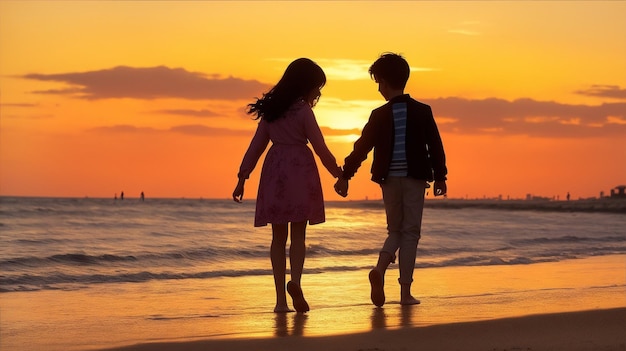 Silhouette of girl and boy walking on beach when sunsets by Generative AI