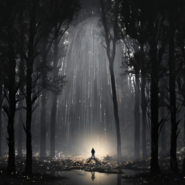 Silhouette of a girl in a dark foggy forest