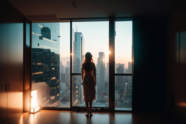 Silhouette of a girl in a dark room with a panoramic window