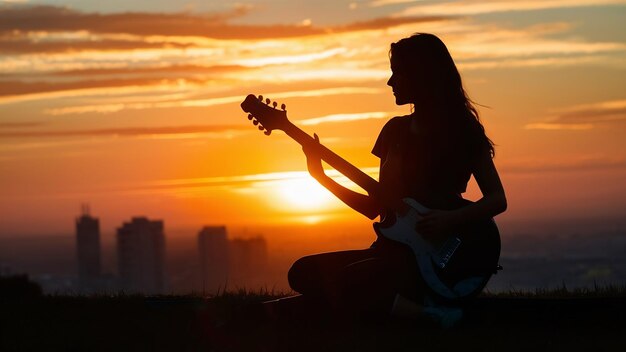 Силуэтная девушка-гитаристка на закате