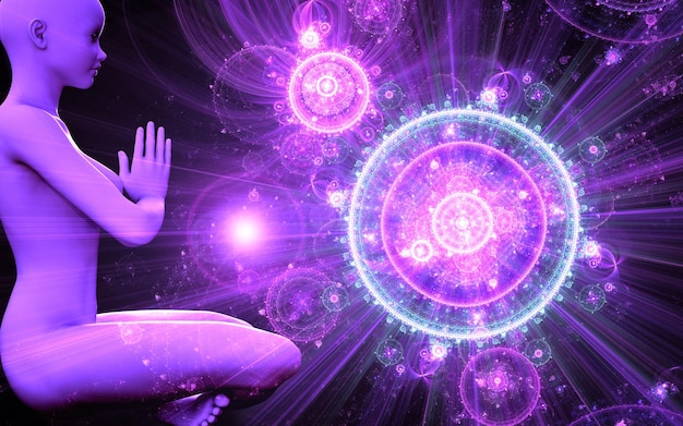 Silhouette of a girl in lotus position on the background of the fractal universe 3d illustrations