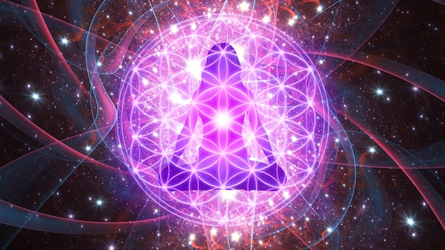 フラクタル宇宙の背景に蓮華座の少女のシルエット トランス状態と深い瞑想 宇宙の精神的な旅