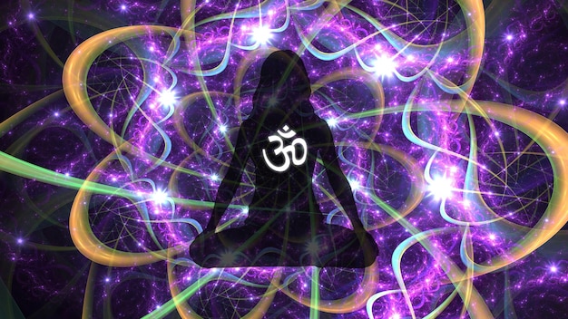 Silhouette of a girl in Lotus position on the background of the fractal universe A state of trance and deep meditation A spiritual journey in the universe