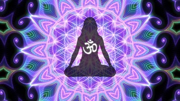 Silhouette of a girl in lotus position on the background of the fractal universe a state of trance and deep meditation a spiritual journey in the universe