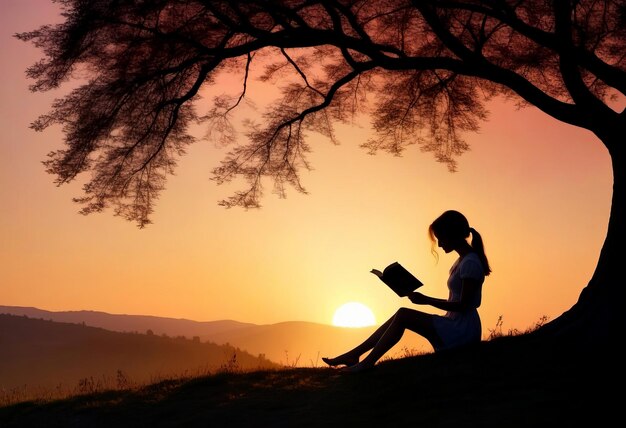 Silhouette of a girl reading a book outdoors at sunset Concept Book Day poster copy space