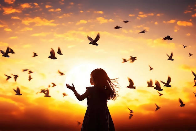 silhouette of a girl releasing pigeons to the sunset twilight Generative ai