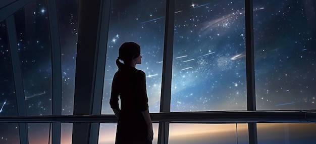 Silhouette of a girl on the space station near the window against the background of the galaxy and