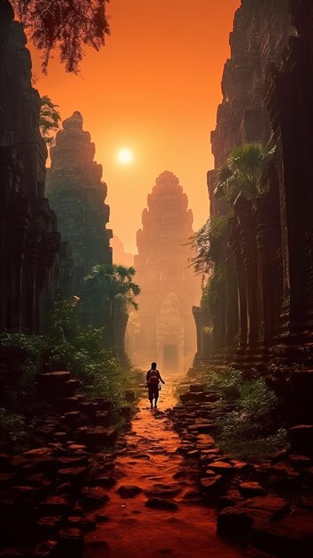 a silhouette of a girl walking down a path in the jungle