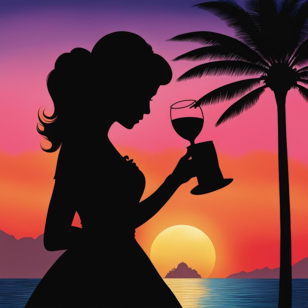 Photo silhouette of a girl with a glass of wine sunset silhouette of a girl with a glass of wine s