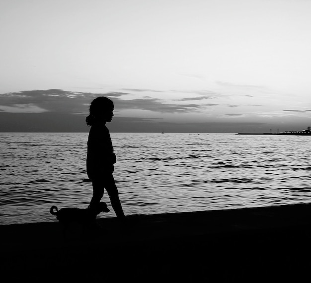 Silhouette girl with puppy walking at beach against sky