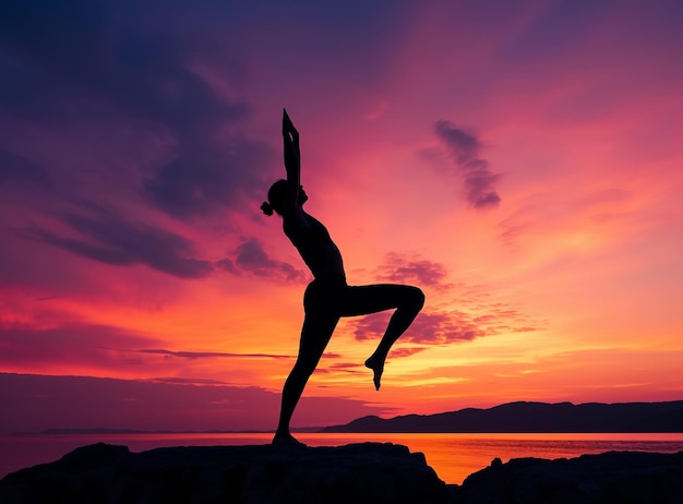 Silhouette of a girl in a yoga pose against the backdrop of a bright sunset by the sea