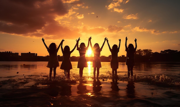 silhouette of girls on the beach with sunset in the background