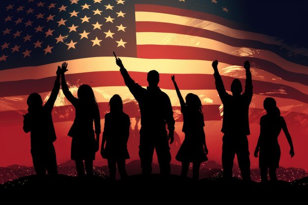 Silhouette of a group of children on the background of the American flag Silhouette of Guys and girls waving American flags AI Generated