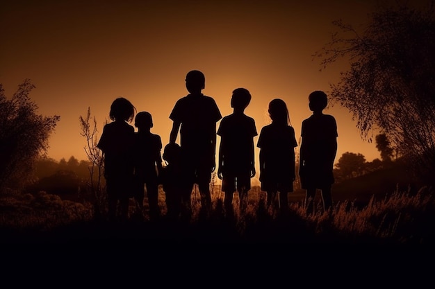 Silhouette of a group of children standing in the field at sunset generative ai