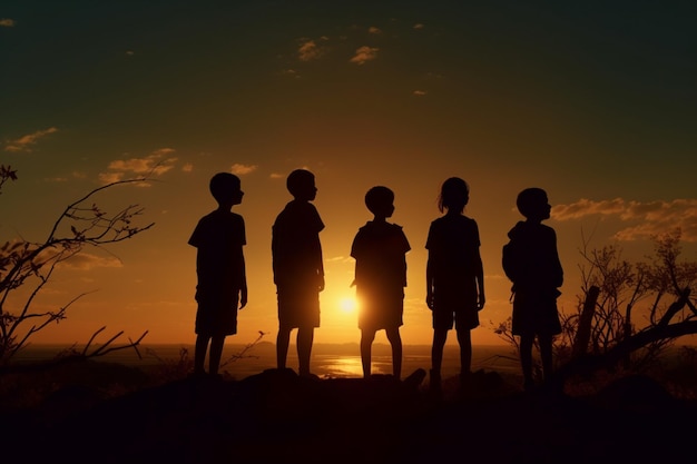 Silhouette of a group of children standing in the field at sunset generative ai