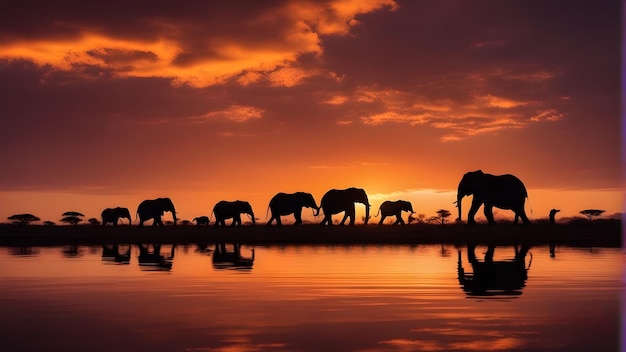 Silhouette of group of elephants