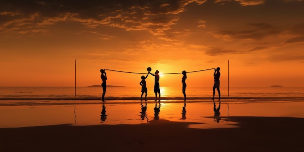 Silhouette Group of Firends Playing Volleyball on The Beach Summer Sunset Background Generative AI