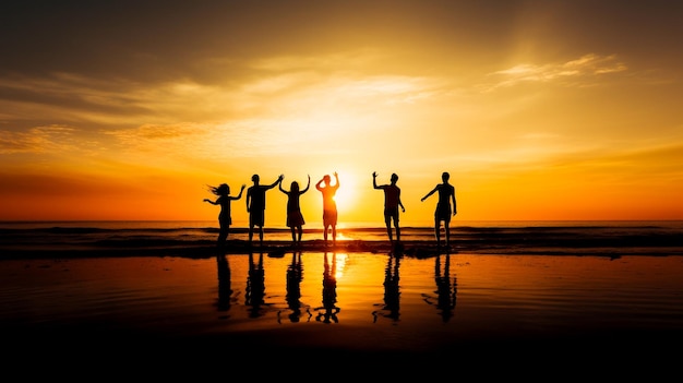 Силуэт группы друзей веселятся на закате на пляже Генеративный Ai