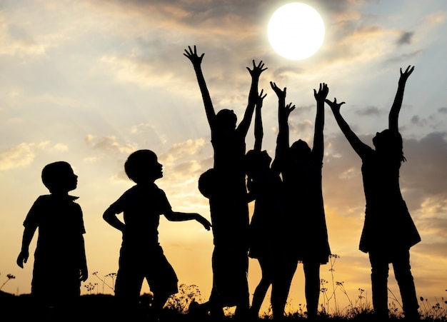 Silhouette, gruppo di bambini felici che giocano sul prato, tramonto, estate