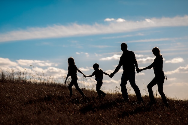 silhouette, group of happy family playing on meadow, sunset, summertime