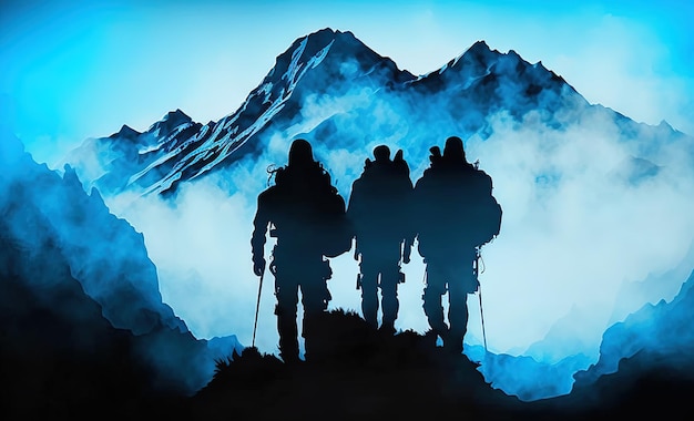 A silhouette of group hikers doing hiking, in a blue mountain calm water painting digital art