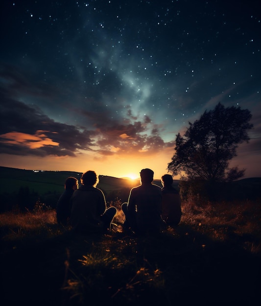 Silhouette of a group of hikers sitting on top of a mountain and watching the milky way