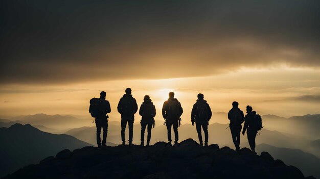 Silhouette of a group of hikers on top of a mountain at sunrise