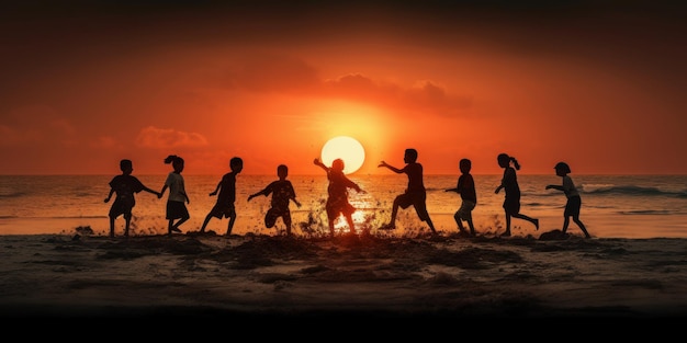 Silhouette Group of KidsPlaying and Having Fun on The Beach Summer Sunset Background Generative AI