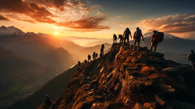 Photo silhouette group of people climbing on peak mountain during sunset for helping team work