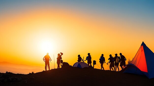 그룹 사람들의 실루엣은 일몰 동안 텐트 근처 산 정상에서 즐거운 시간을 보냅니다.