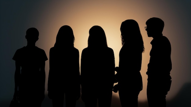 Photo silhouette of a group of people standing in front of a sun generative ai