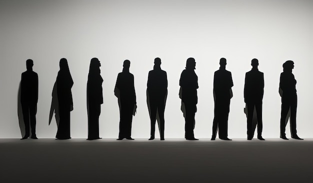 Foto silhouette di un gruppo di persone o squadre in fila nello stile dell'iperrealismo e del fotorealismo