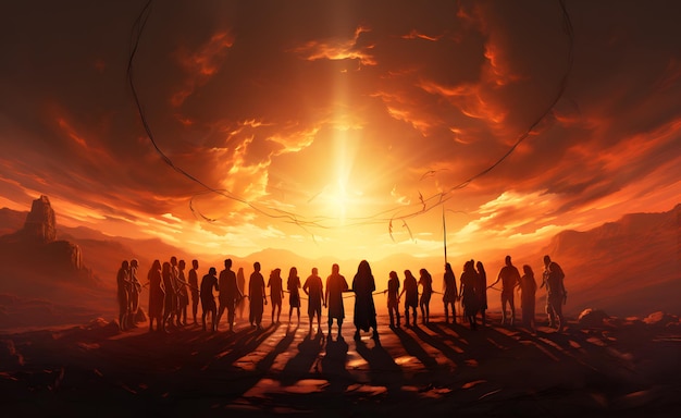 Silhouette of group of people walking at sunset 3d render