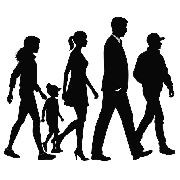 silhouette of group of a people walking on white background
